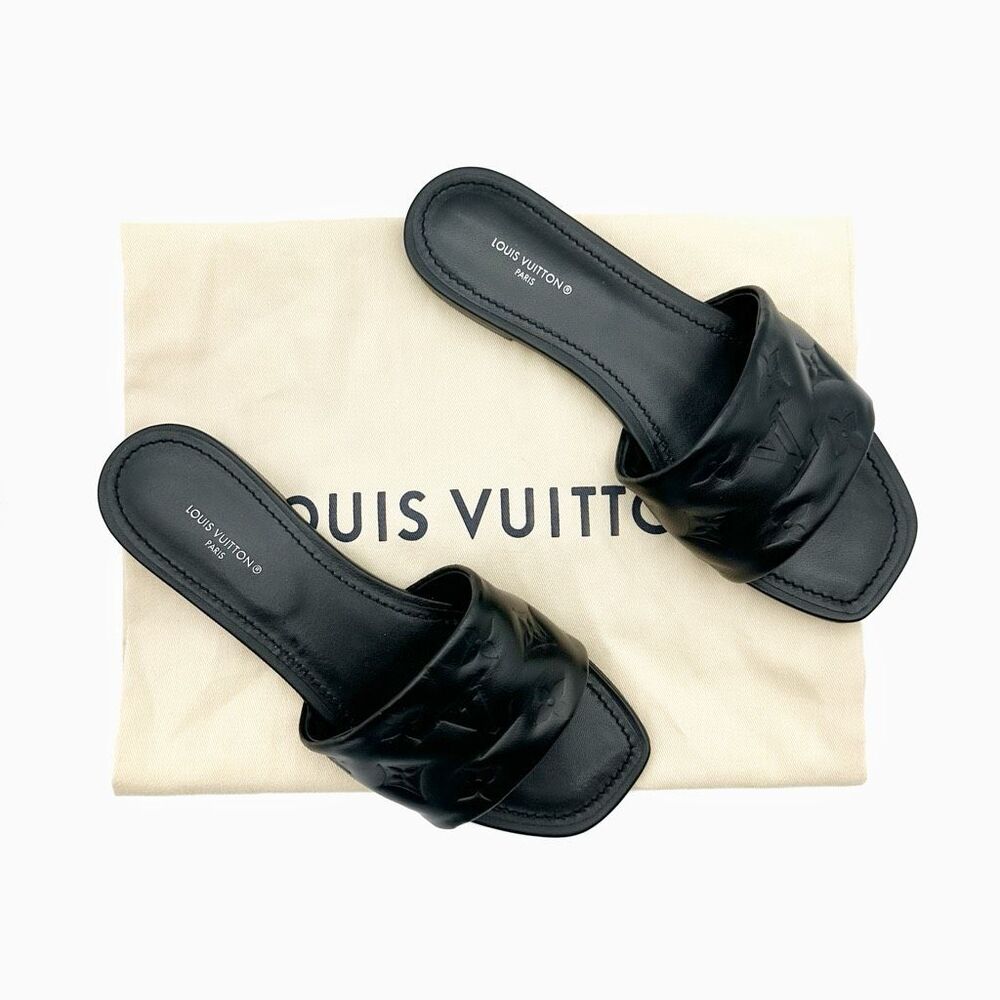 LOUIS VUITTON Embossed Monogram Revival Flat Mules Size 37 Black Logo Slides - Picture 2 of 12